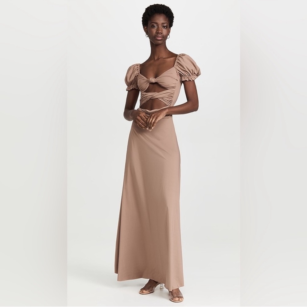 Agua Bendita Tan Maxi Dress with Puff Sleeves